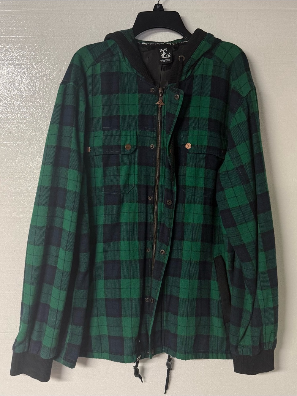 LRG Men’s 2XL Green Black Tartan Plaid Hooded Flannel Jacket Full Zip Streetwear